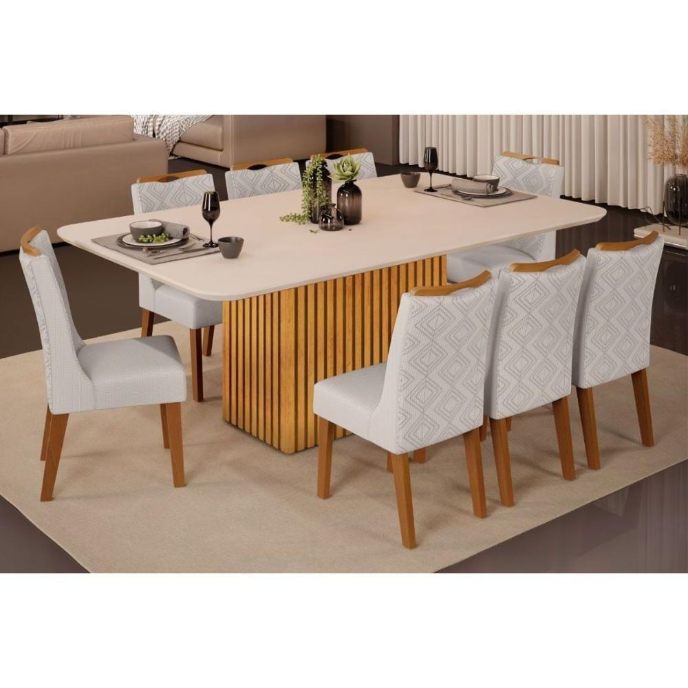 Sala de Jantar Completa Canes Tampo Madeirado c/ Vidro Curvo 200x100cm e 8 Cadeiras Stela Cedro/Off White - Ipe/Linho Neve - DJ Móveis - 1