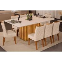 Sala de Jantar Completa Canes Tampo Madeirado c/ Vidro Curvo 170x90cm e 8 Cadeiras Stela Cedro/Off White - Ipe/Linho Neve - DJ Móveis - 1