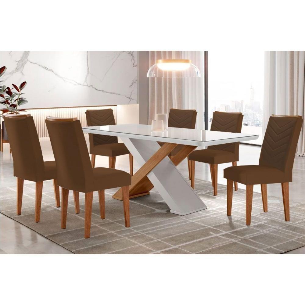Sala de Jantar Completa Imperatriz Tampo Madeirado c/ Vidro Canto Curvo 180x90 e 6 Cadeiras Londrina Imbuia/Off White - Suede Marrom - Rufato - 1