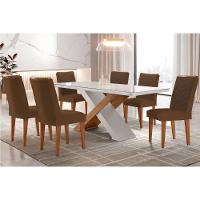 Sala de Jantar Completa Imperatriz Tampo Madeirado c/ Vidro Canto Curvo 180x90 e 6 Cadeiras Londrina Imbuia/Off White - Suede Marrom - Rufato - 1