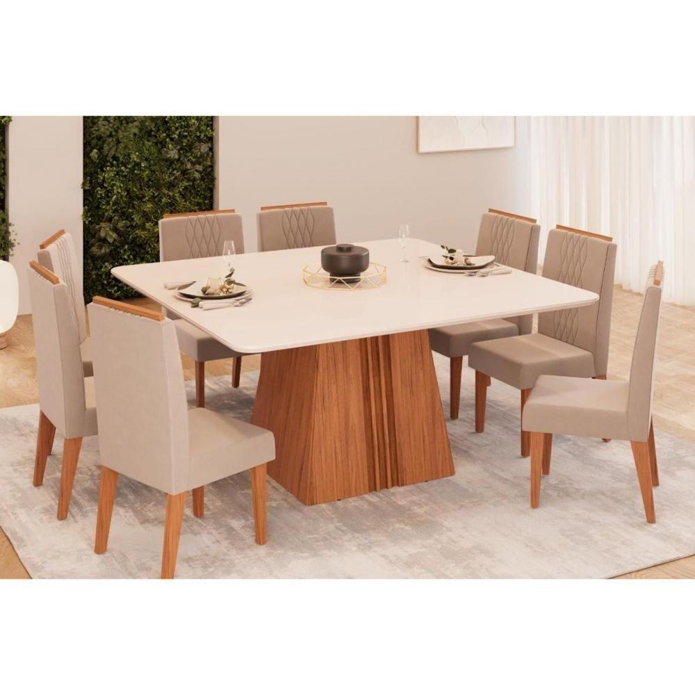 Sala de Jantar Completa Itália Tampo Madeirado c/ Vidro Curvo 136x136cm e 8 Cadeiras Lia Freijo/Off White - Suede Kraft - DJ Móveis - 1