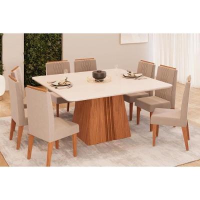 Sala de Jantar Completa Itália Tampo Madeirado c/ Vidro Curvo 136x136cm e 8 Cadeiras Lia Freijo/Off White - Suede Kraft - DJ Móveis