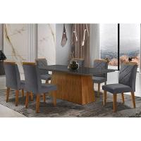 Sala de Jantar Completa Luna Tampo Madeirado c/ Vidro Curvo 180x90 e 6 Cadeiras Melissa Imbuia - Veludo Grafite - Rufato - 1