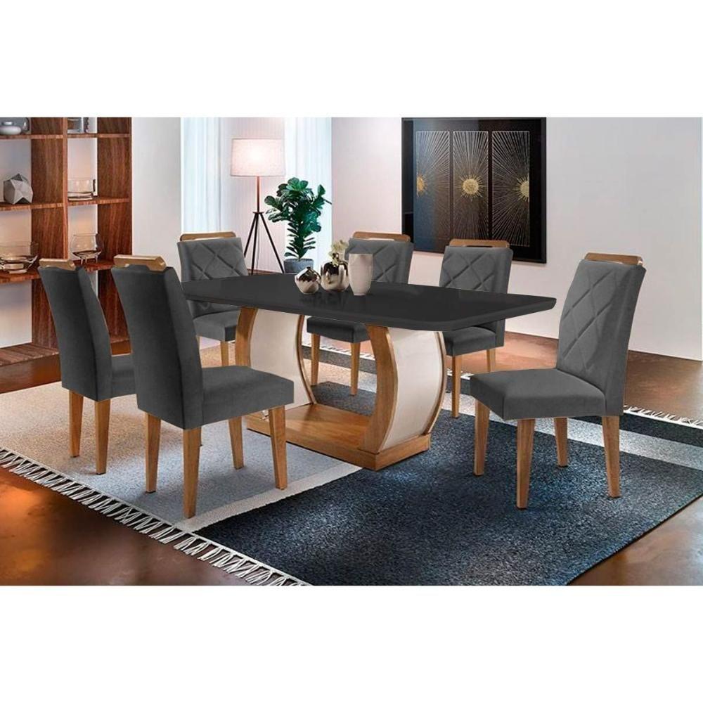 Sala de Jantar Completa Jade Tampo Madeirado c/ Vidro Curvo 180x90 e 6 Cadeiras Melissa Imbuia - Veludo Grafite - Rufato - 1