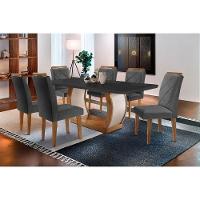 Sala de Jantar Completa Jade Tampo Madeirado c/ Vidro Curvo 180x90 e 6 Cadeiras Melissa Imbuia - Veludo Grafite - Rufato - 1