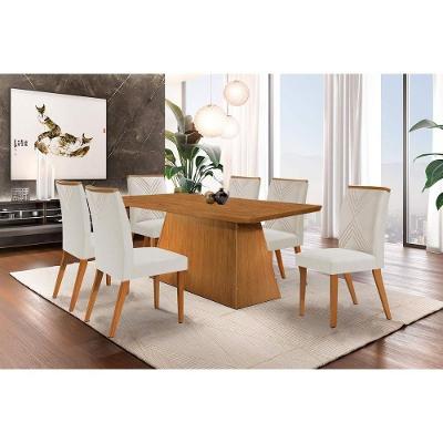 Sala de Jantar Completa Luna c/ Tampo Madeirado Canto Curvo 180x90cm e 6 cadeiras Amsterdã Imbuia-Capuccino/Suede Creme - Rufato