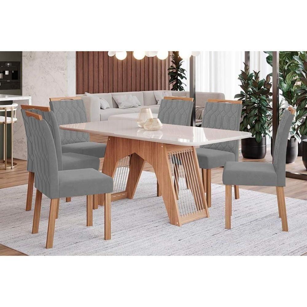 Sala de Jantar Completa Carol Tampo Madeirado c/ Vidro 180x90cm e 6 Cadeiras Paola Nature-Madeirado/Grafite - Cimol - 1