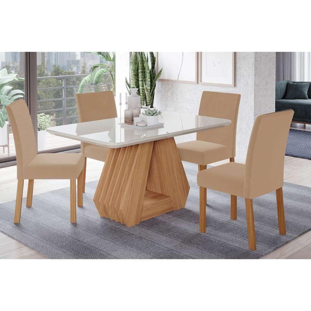 Sala de Jantar Completa Ágata c/ Tampo Madeirado c/ Vidro 130x80cm e 4 Cadeiras Maia Nature/Suede Gengibre Bege - Cimol - 1