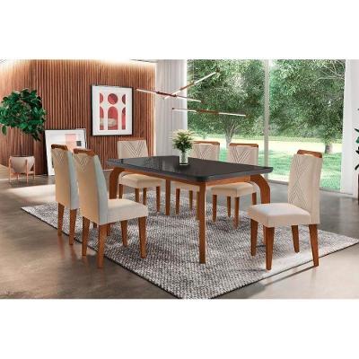 Sala de Jantar Completa Londrina Tampo Madeirado c/ Vidro Curvo 180x90 e 6 Cadeiras Amsterdã Imbuia - Veludo Creme - Rufato