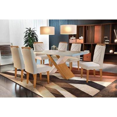 Sala de Jantar Completa Imperatriz Tampo Madeirado c/ Vidro Curvo 180x90 e 6 Cadeiras Melissa Imbuia - Veludo Creme - Rufato