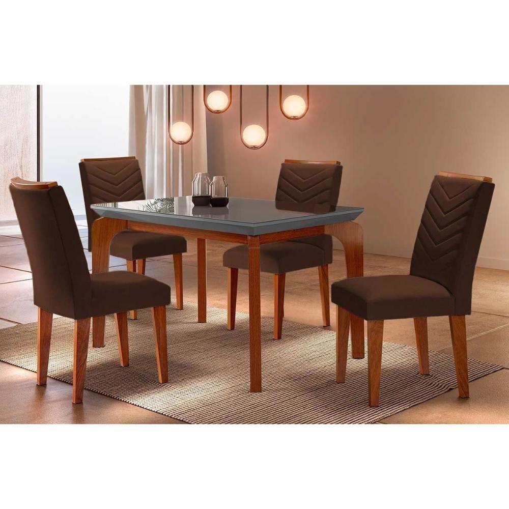 Sala de Jantar Completa Londrina c/ Tampo Madeirado Vidro Canto Reto 120x80cm e 4 cadeiras Londrina Imbuia/Grafite - Veludo Marrom - Rufato - 1