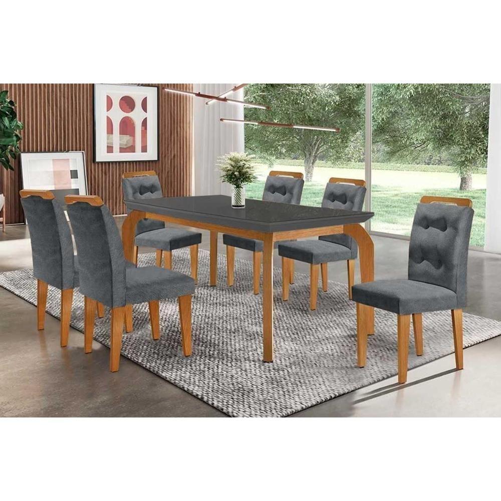 Sala de Jantar Completa Londrina c/ Tampo Madeirado Vidro Canto Curvo 180x90cm e 6 cadeiras Imperatriz Imbuia/Grafite - Veludo Grafite - Rufato - 1