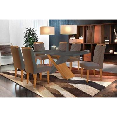 Sala de Jantar Completa Imperatriz Tampo Madeirado c/ Vidro Curvo 180x90 e 6 Cadeiras Melissa Imbuia - Veludo Capuccino - Rufato
