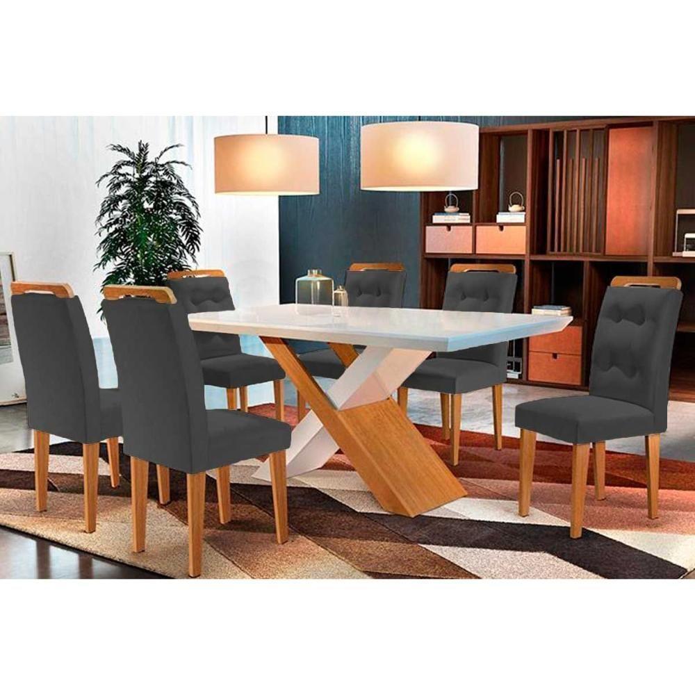 Sala de Jantar Completa Imperatriz Tampo Madeirado c/ Vidro Reto 180x90 e 6 Cadeiras Imperatriz Capuccino/Suede Grafite - Rufato - 1