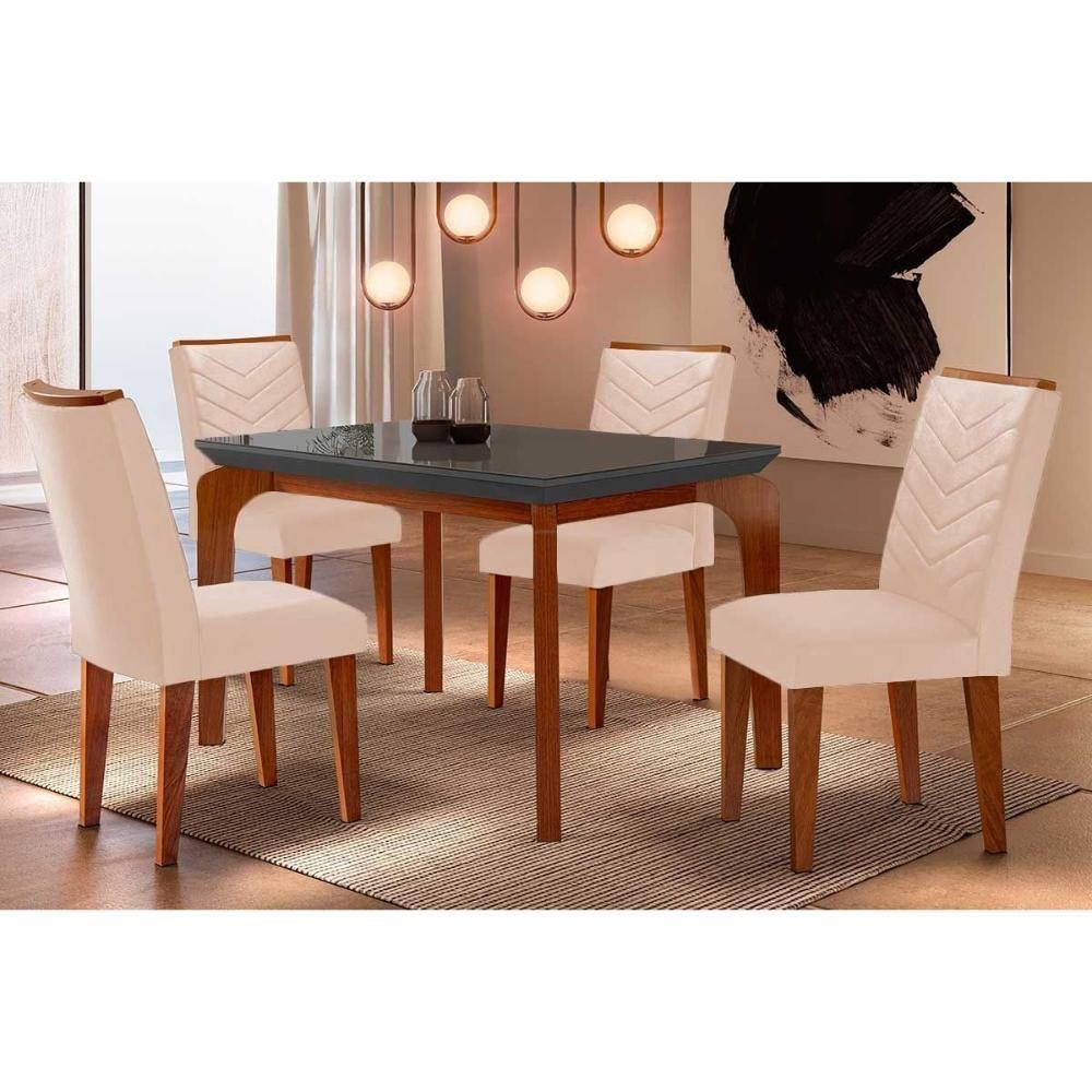 Sala de Jantar Completa Londrina Tampo Madeirado c/ Vidro Curvo 120x80 e 4 Cadeiras Londrina Imbuia/Veludo Creme/Pérola - Rufato - 1