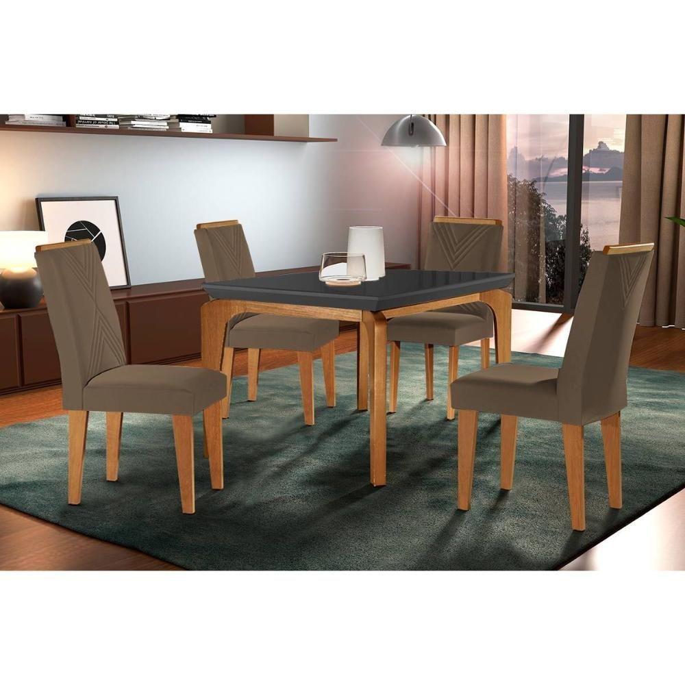 Sala de Jantar Completa Londrina c/ Tampo Madeirado Vidro Canto Reto 120x80cm e 4 cadeiras Amsterdã Imbuia/Grafite - Suede Capuccino - Rufato - 1