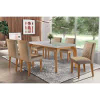 Sala de Jantar Completa Londrina c/ Tampo Madeirado Vidro Canto Curvo 180x90cm e 6 cadeiras Jade Imbuia/Off White - Veludo Capuccino - Rufato - 1