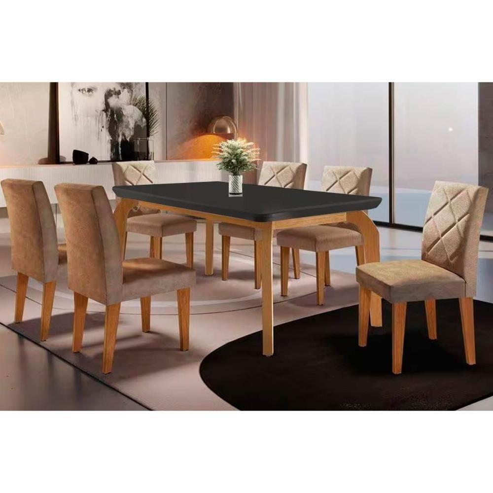 Sala de Jantar Completa Londrina Tampo Madeirado c/ Vidro Curvo 180x90cm e 6 Cadeiras Melissa Imbuia - Veludo Capuccino - Rufato - 1