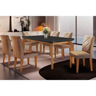 Sala de Jantar Completa Londrina Tampo Madeirado c/ Vidro Curvo 180x90cm e 6 Cadeiras Melissa Imbuia - Veludo Capuccino - Rufato