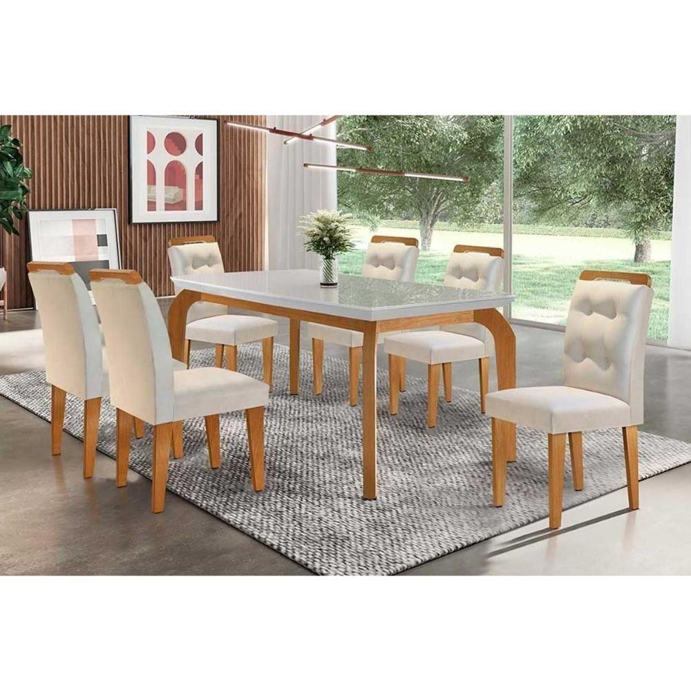 Sala de Jantar Completa Londrina c/ Tampo Madeirado Vidro Canto Reto 180x90cm e 6 cadeiras Imperatriz Imbuia - Veludo Creme - Rufato - 1
