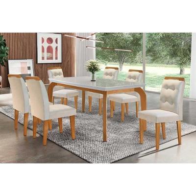 Sala de Jantar Completa Londrina c/ Tampo Madeirado Vidro Canto Reto 180x90cm e 6 cadeiras Imperatriz Imbuia - Veludo Creme - Rufato