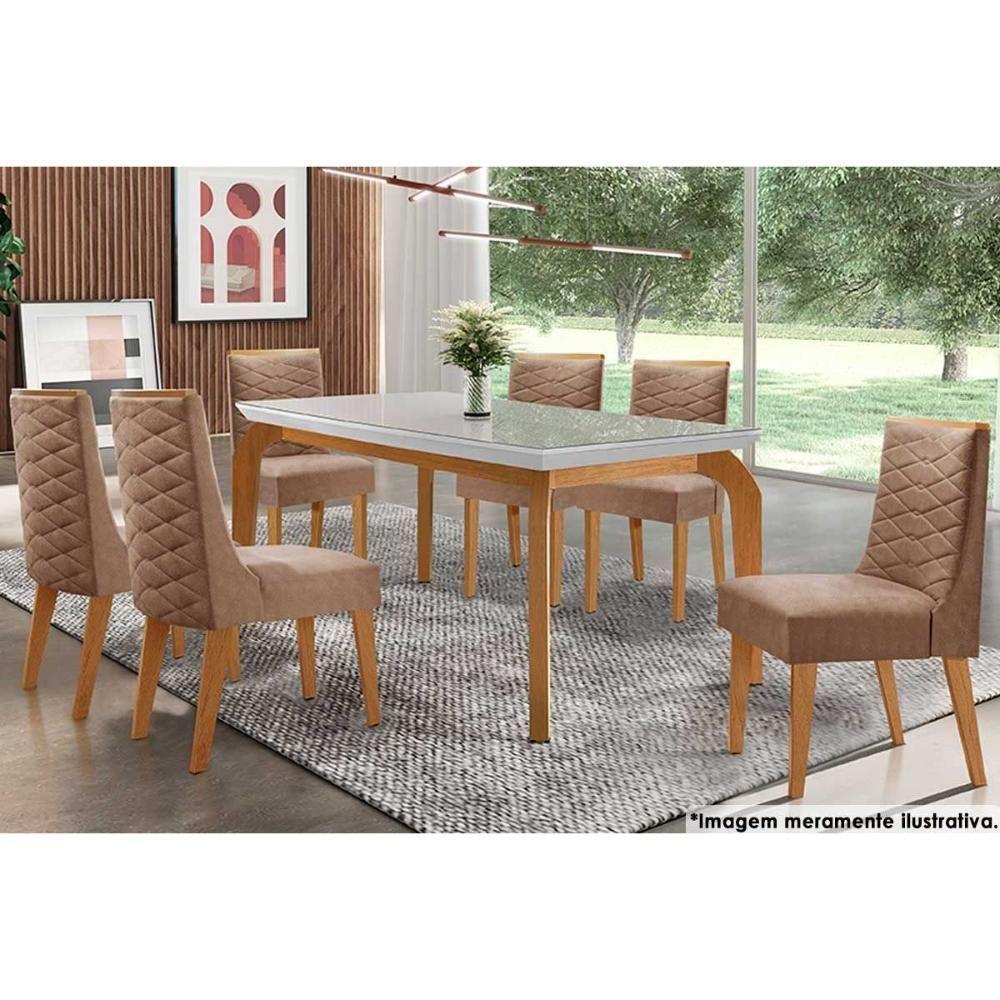 Sala de Jantar Completa Londrina c/ Tampo Madeirado c/ Vidro 180x90cm e 6 Cadeiras Dafne Capuccino/Animale Chocolate - Rufato - 1