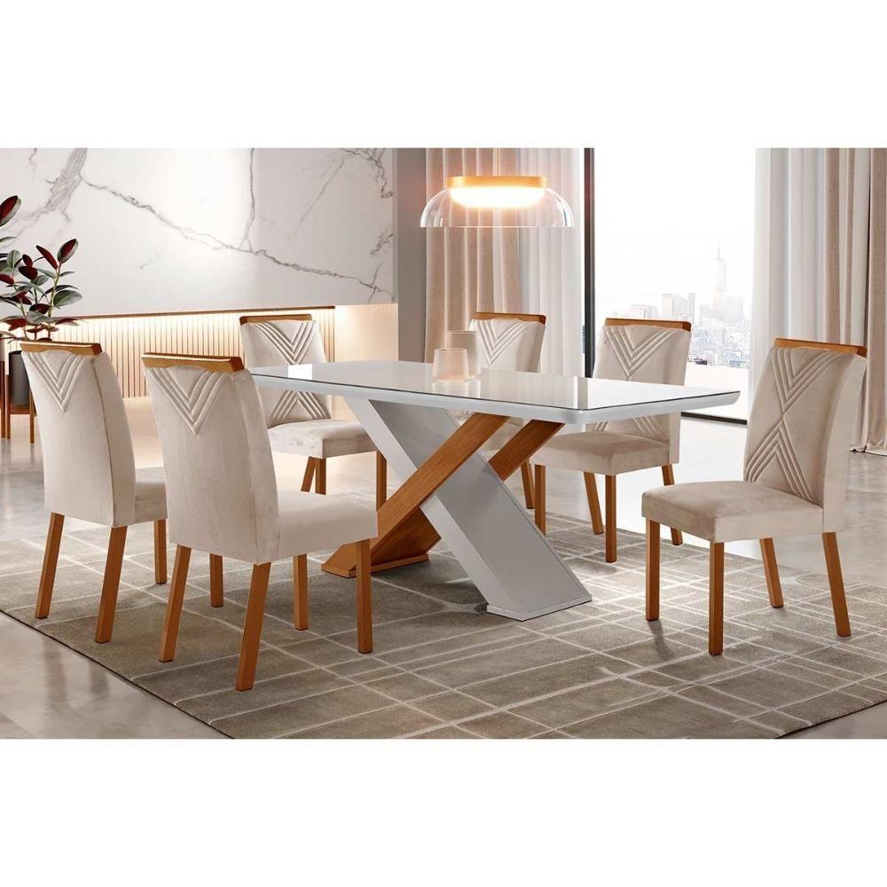 Sala de Jantar Completa Imperatriz Tampo Madeirado c/ Vidro Curvo 180x90 e 6 Cadeiras Amsterdã Imbuia/Veludo Creme/Pérola - Rufato - 1