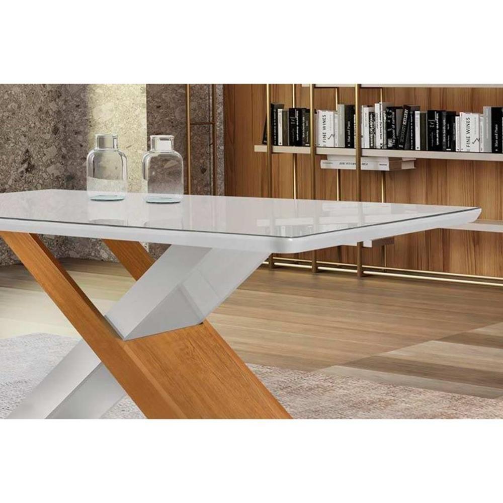 Sala de Jantar Completa Imperatriz Tampo Madeirado c/ Vidro Curvo 180x90 e 6 Cadeiras Amsterdã Imbuia/Veludo Creme/Pérola - Rufato - 8