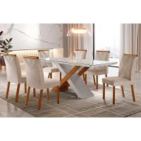 Sala de Jantar Completa Imperatriz Tampo Madeirado c/ Vidro Curvo 180x90 e 6 Cadeiras Amsterdã Imbuia/Veludo Creme/Pérola - Rufato - 1