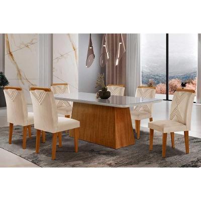 Sala de Jantar Completa Luna Tampo Madeirado c/ Vidro Curvo 180x90 e 6 Cadeiras Amsterdã Imbuia/Veludo Creme/Pérola - Rufato