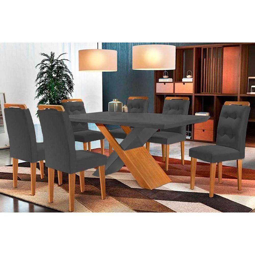 Sala de Jantar Completa Imperatriz Tampo Madeirado c/ Vidro Curvo 180x90 e 6 Cadeiras Imperatriz Imbuia/Veludo Grafite - Rufato - 1