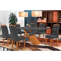 Sala de Jantar Completa Imperatriz Tampo Madeirado c/ Vidro Curvo 180x90 e 6 Cadeiras Imperatriz Imbuia/Veludo Grafite - Rufato - 1