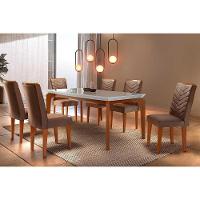 Sala de Jantar Completa Londrina Tampo Madeirado c/ Vidro Curvo 180x90 e 6 Cadeiras Londrina Imbuia/Veludo Capuccino - Rufato - 1