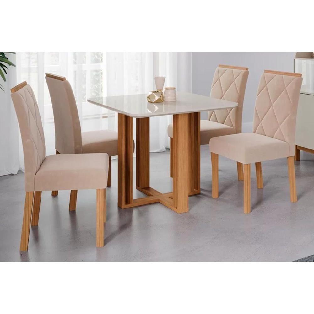 Sala de Jantar Completa Flora c/ Tampo Madeirado c/ Vidro 95x95cm e 4 Cadeiras Fernanda Nature-Madeirado/Suede Nude Bege - Cimol - 1