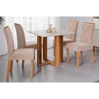Sala de Jantar Completa Flora c/ Tampo Madeirado c/ Vidro 95x95cm e 4 Cadeiras Fernanda Nature-Madeirado/Suede Nude Bege - Cimol - 1