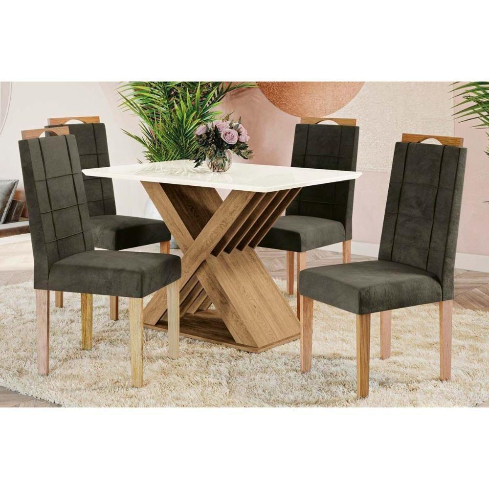 Sala de Jantar Completa Graviola Tampo Madeirado c/ Vidro 80x120cm e 4 Cadeiras 2CAD150 Nogueira/Off White/Vidro Off White - Eucalipto - Kappesberg - 1