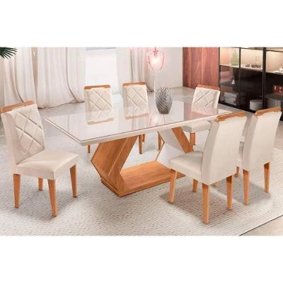 Sala de Jantar Completa Alvorada c/ Tampo Madeirado c/ Vidro 180x90cm e 6 Cadeiras Melissa Imbuia/Suede Creme Pérola - Rufato
