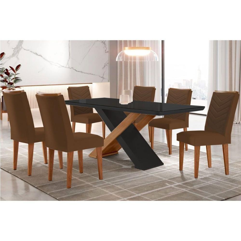 Sala de Jantar Completa Imperatriz Tampo Madeirado c/ Vidro Canto Curvo 180x90 e 6 Cadeiras Londrina Imbuia/Grafite - Suede Marrom - Rufato - 1