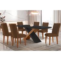 Sala de Jantar Completa Imperatriz Tampo Madeirado c/ Vidro Canto Curvo 180x90 e 6 Cadeiras Londrina Imbuia/Grafite - Suede Marrom - Rufato - 1