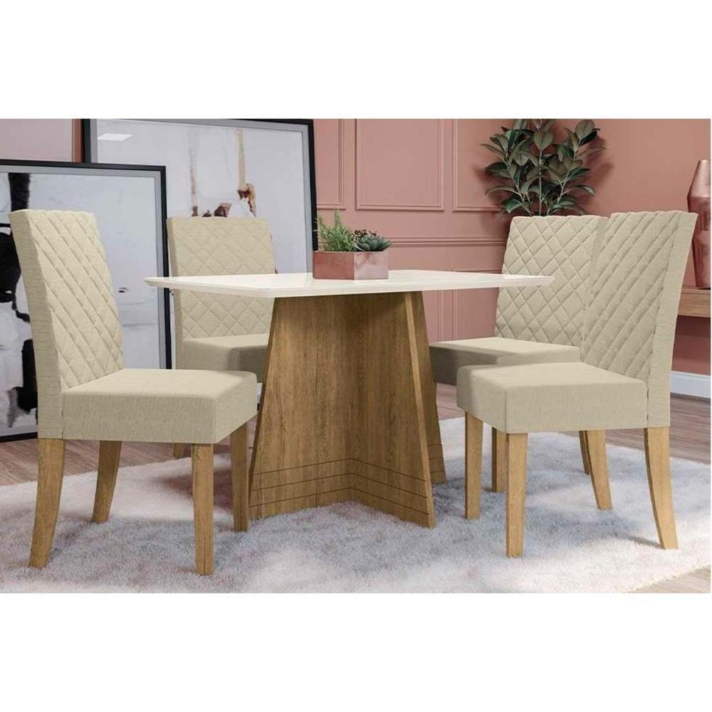 Sala de Jantar Completa Lótus Tampo Madeirado c/ Vidro 80x120cm e 4 Cadeiras 2CAD133 Nogueira/Off White/Vidro Off White - Linho Beg - Kappesberg - 1