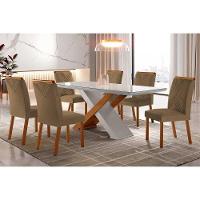 Sala de Jantar Completa Imperatriz Tampo Madeirado c/ Vidro Reto 180x90 e 6 Cadeiras Amsterdã Imbuia/Off White - Veludo Capuccino - Rufato - 1