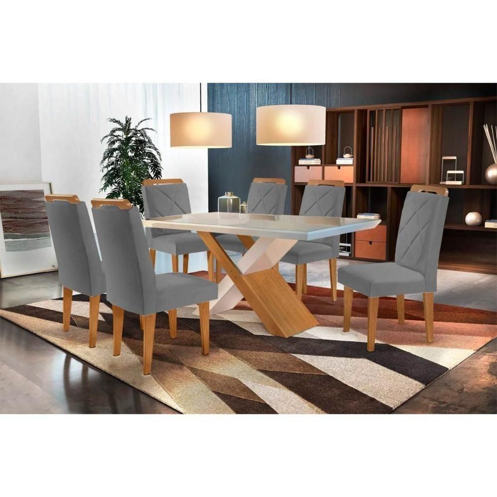 Sala de Jantar Completa Imperatriz Tampo Madeirado c/ Vidro Curvo 180x90 e 6 Cadeiras Melissa Imbuia - Veludo Grafite - Rufato - 1