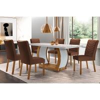Sala de Jantar Completa Jade Tampo Madeirado c/ Vidro Canto Curvo 180x90 e 6 Cadeiras Londrina Imbuia/Off White - Suede Marrom - Rufato - 1