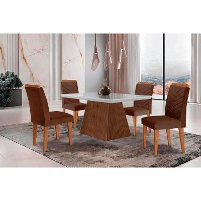 Sala de Jantar Completa Luna c/ Tampo Madeirado Vidro Canto Curvo 120x80cm e 4 cadeiras Londrina Imbuia/Off White - Suede Marrom - Rufato
