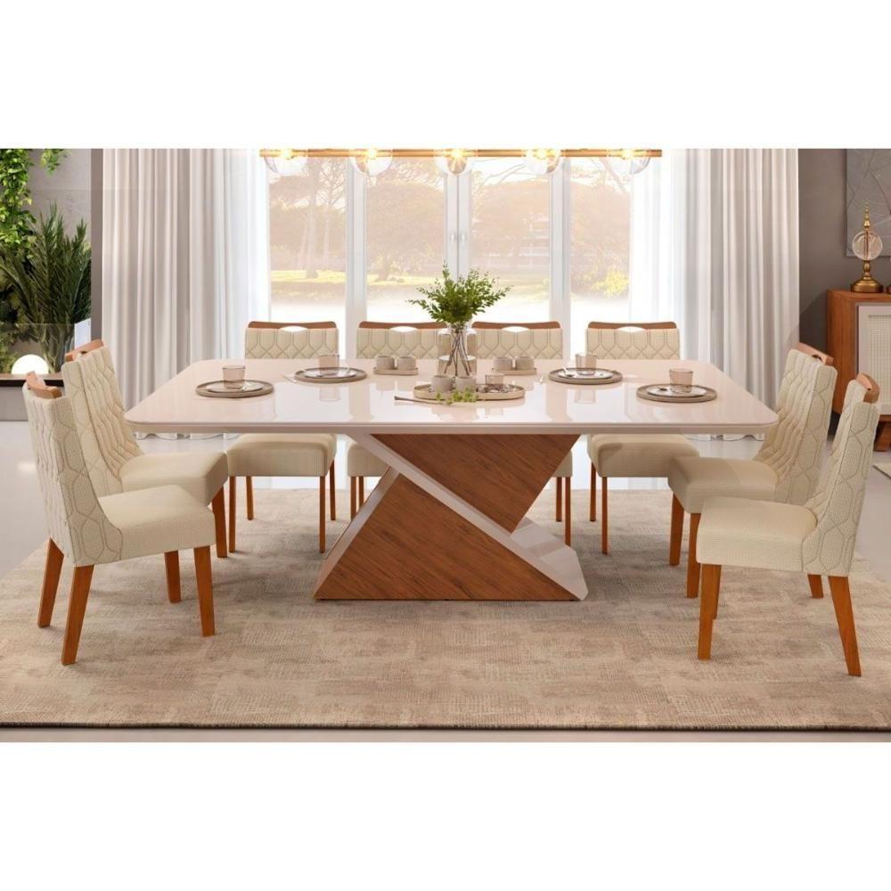 Sala de Jantar Completa Zafira Tampo Madeirado c/ Vidro Curvo 200x100cm e 8 Cadeiras Bia Freijo/Off White - Linho Neve - DJ Móveis - 1