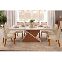 Sala de Jantar Completa Zafira Tampo Madeirado c/ Vidro Curvo 200x100cm e 8 Cadeiras Bia Freijo/Off White - Linho Neve - DJ Móveis - 1