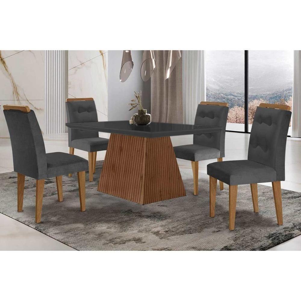 Sala de Jantar Completa Luna c/ Tampo Madeirado c/ Vidro Canto Curvo 120x80cm e 4 cadeiras Imperatriz Imbuia/Grafite - Suede Grafite - Rufato - 1