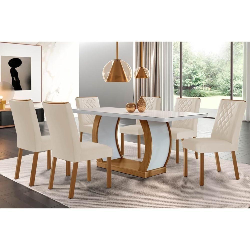 Sala de Jantar Completa Jade Tampo Madeirado c/ Vidro Canto Curvo 180x90 e 6 Cadeiras Jade Imbuia/Off White - Suede Creme - Rufato - 1