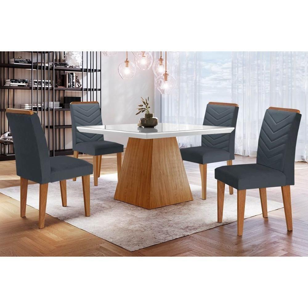 Sala De Jantar Completa Luna C- Tampo Madeirado C- Vidro Canto Curvo 90x90cm E 4 Cadeiras Londrina Imbuia-off White - Linho Grafite - Rufato - 1