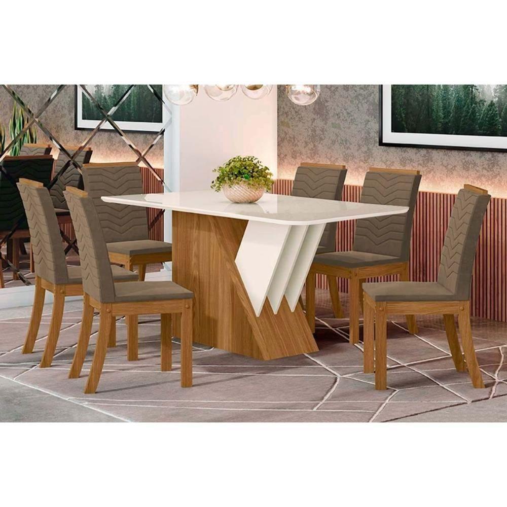 Sala de Jantar Completa Épic SC24 Tampo Madeirado c/ Vidro Canto Curvo 160x90cm e 6 Cadeiras Isa Nature/Veludo Light Bege - Henn - 10